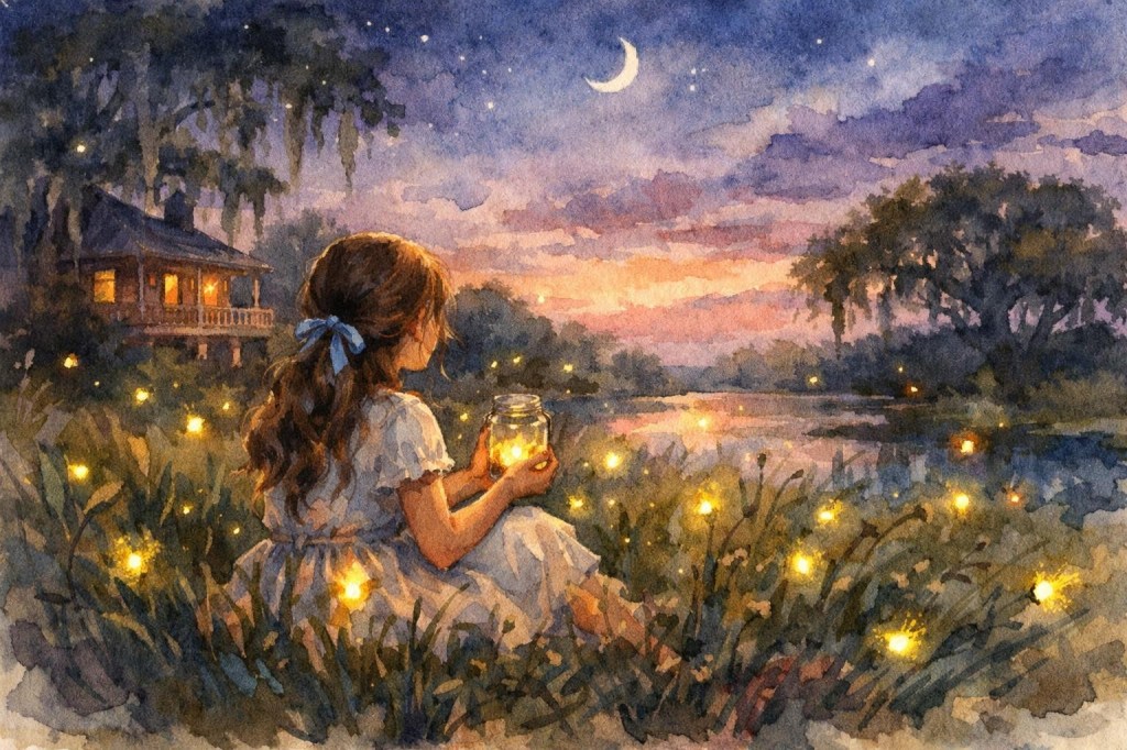 Girl holding glowing jar seated by lake surrounded by fireflies at dusk